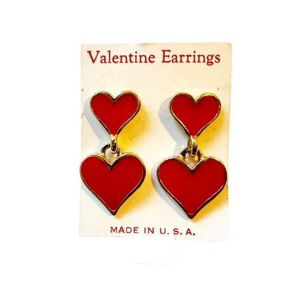 Drop Dangle Red Enameled Heart Earrings Pierced Ears - Picture 3 of 3